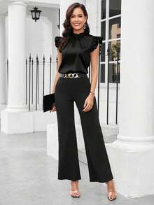 Blusa de satén de unicolor con mangas de tapa para uso diario, blusas sin mangas - Negro - Ver 5