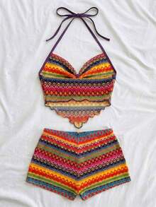 Nuevo conjunto informal de vacaciones de primavera/verano para invitados a bodas en la playa, graduación, brunch, Día de San Patricio, Spring Break, Pascua, festivales de música, elegante, bohemio, tropical, con estampado de rayas azul y blanco, camiseta de tirantes finos y conjunto de 2 piezas - Multicolor 4 - Ver 2