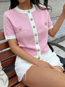 Cárdigan de punto de cuello redondo de manga corta con contraste de color, nueva chaqueta de verano casual, versátil, minimalista, elegante y cómoda de corte holgado para mujer, adecuada para el uso diario, salidas, citas, moda casual, ceremonias de graduación - Rosa - Ver 4