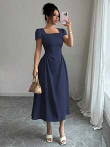 xheElenzga Vestido de manga abullonada, de longitud media, de cuello cuadrado, elegante y casual, ideal para el trabajo, las vacaciones y el té de la tarde, con cintura estilizadora, elegante y chic, para primavera/veranoxhe - Azul marino - Ver 1