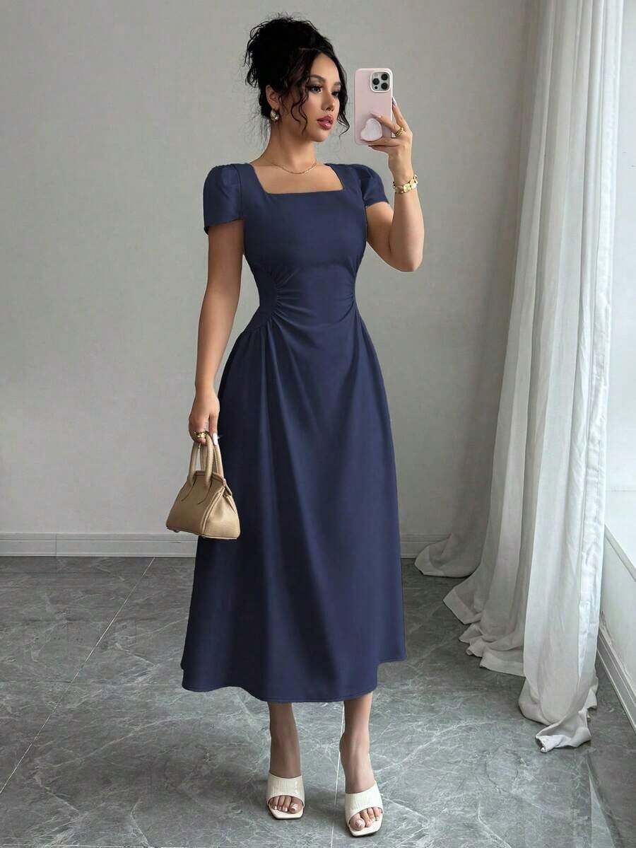 xheElenzga Vestido de manga abullonada, de longitud media, de cuello cuadrado, elegante y casual, ideal para el trabajo, las vacaciones y el té de la tarde, con cintura estilizadora, elegante y chic, para primavera/veranoxhe - Azul marino - Ver 1