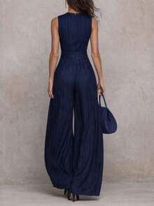 Mono largo de rayas azules sin mangas, silueta ajustada y pierna ancha, look moderno femenino - Azul marino - Ver 4