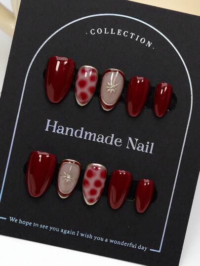 100% Handmade Short Almond-Shaped Nail Stickers, Hand-Painted Red Leopard Print And Sparkling Rhinestones, Nude And Deep Red Base Colors With Gold Trim, Suitable For Daily Wear, Dates, Retro Parties, Weddings, Valentine's Day And Casual Gatherings | Includes 1 Nail File And Complete Gel Manicure Set