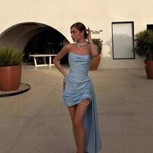 Vestido Sirena Exclusivo Pliegues con Perlas Encanto Sensual - Azul - Ver 6