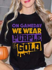Camiseta gráfica para mujer: En el día del partido usamos morado y dorado. Camiseta casual de manga corta y cuello redondo para eventos deportivos y uso diario. Regalo perfecto para aficionados al deporte y seguidores del equipo. Ropa de mujer de talla grande, blusas estampadas para mujer. - Negro - Ver 5