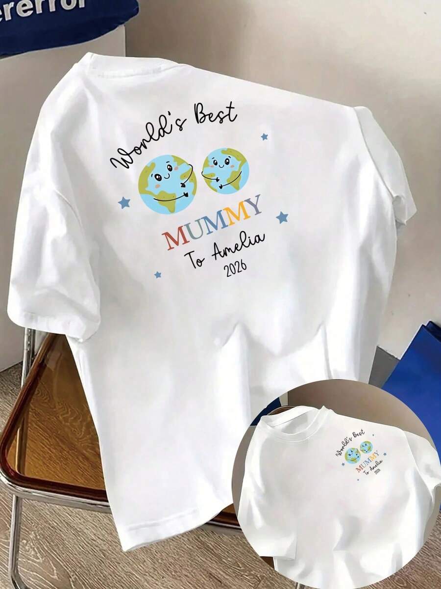 Camiseta de manga corta con estampado frontal y trasero, "La Mejor Mamá del Mundo", "Mamá Tierra", top casual moderno para mujer, camiseta casual de manga corta con cuello redondo, adecuada para verano y primavera, ropa de mujer 100% algodón. - Blanco - Ver 1