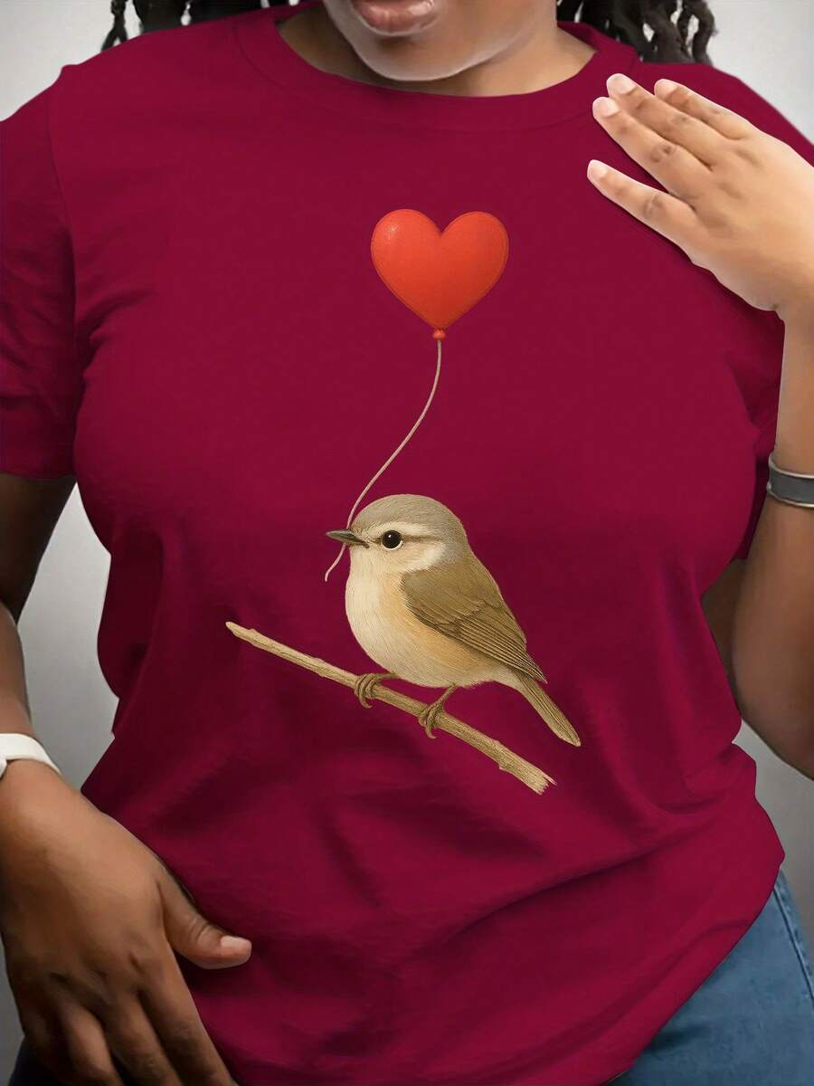 1 pieza, camiseta de mujer con temática de aves, camiseta casual de manga corta, ligeramente elástica, de tela, longitud regular, diseño con estampado de letras, adecuada para usar durante todo el año. - Rojo - Ver 1