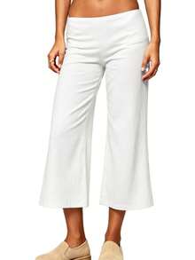Womens Low Rise Capri Pants Fold Over Waistband Solid Color Slim Fit Cropped Pants Trousers - 白色 - 查看 6