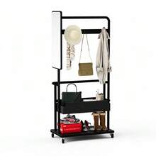 Perchero metálico resistente con ruedas, diseño 3 en 1 con cesta y espejo, perchas, perchero móvil con ruedas, amplio armario, negro, 70*40*170cm - Negro - Ver 1