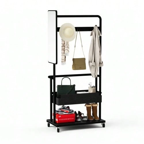 Perchero metálico resistente con ruedas, diseño 3 en 1 con cesta y espejo, perchas, perchero móvil con ruedas, amplio armario, negro, 70*40*170cm - Negro - Ver 1