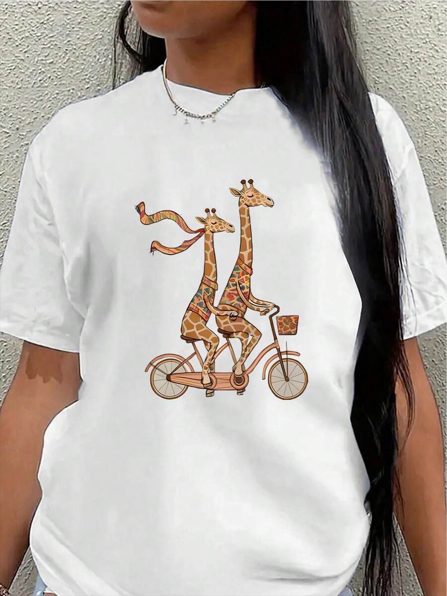 Camiseta de manga corta de poliéster, con un diseño de una jirafa montada en bicicleta, ligera y duradera, adecuada para uso casual en casa o en restaurantes, el divertido estampado de animales brinda una experiencia cómoda en el día a día. blusa casual mujer - Blanco - Ver 1