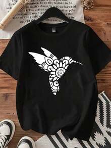 Camiseta Casual para Mujer, Blanca, con Estampado de Colibrí, Top de Verano para Uso Diarioblusa casual mujer - Negro - Ver 4