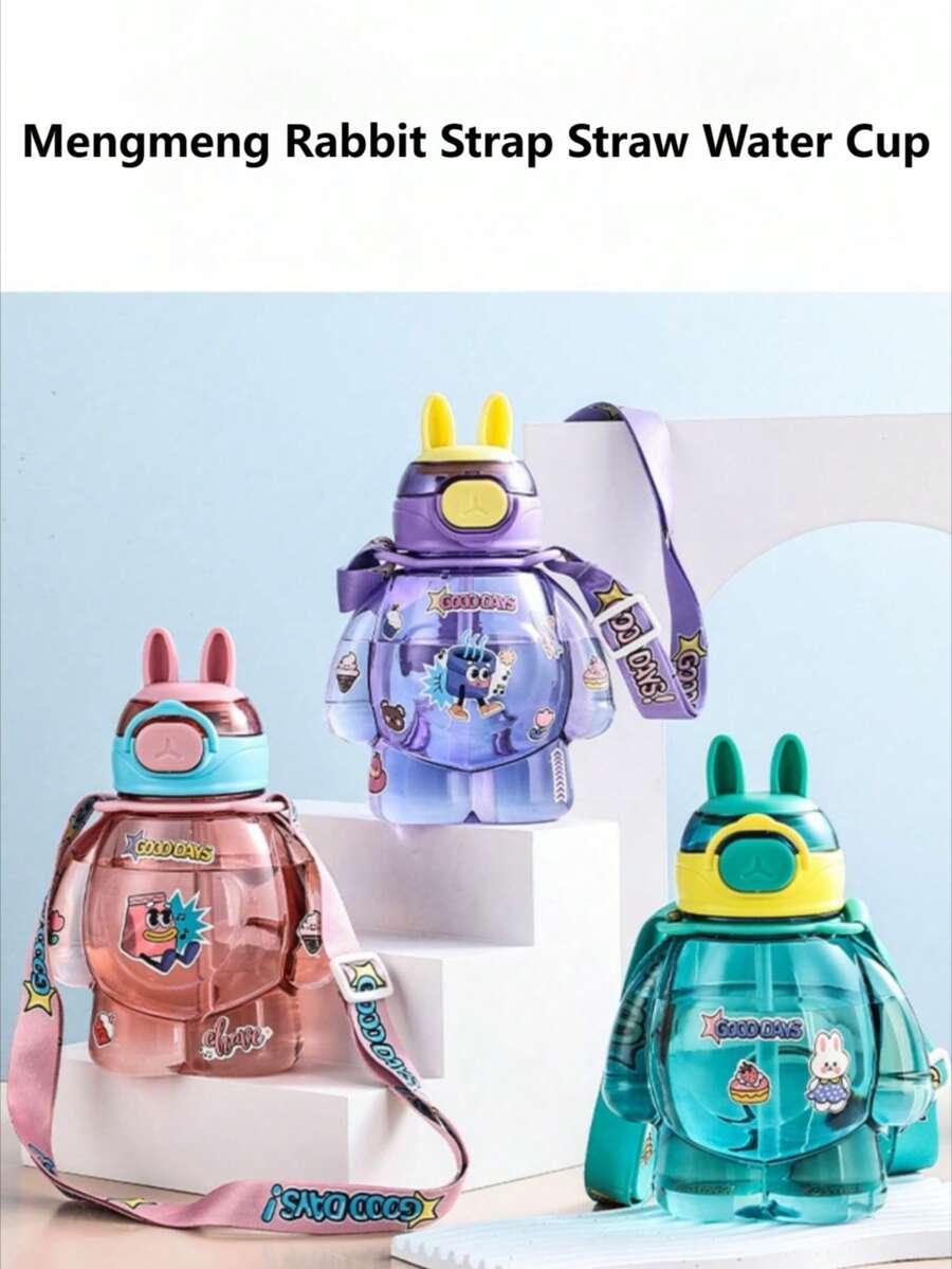 2pcs Cute Rabbit Straw Cup And Brush Set, 3D Rabbit Ear Design With Cartoon Stickers, Flip-Top Straw Design For Easy Drinking, Adjustable Shoulder Strap And Portable Handle, Leak-Proof And Shockproof, Large Capacity To Meet All-Day Drinking Needs, Innovative Foldable Brush Head Design For 360° Thorough Cleaning - Multicolor - View 1