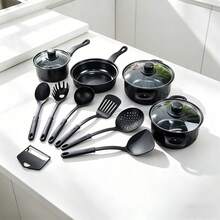 Juego de Ollas y Sartenes Antiadherentes 13 Piezas, Compatibles con Inducción, Apilables y Prácticos para Cocinar Diario - Negro - Ver 1