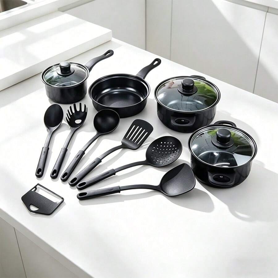 Juego de Ollas y Sartenes Antiadherentes 13 Piezas, Compatibles con Inducción, Apilables y Prácticos para Cocinar Diario - Negro - Ver 1