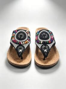 2026 New Summer Beaded Flip Flops, Handmade Bohemian Thong Sandals With Soft Wood Bottom, Comfortable And Fashionable, Suitable For Beach, Vacation, Daily Wear, Versatile Design Goes Well With Dresses, Jeans, Swimwear, Vibrant Colors And Geometric Patterns, Ergonomic Footbed, Non-Slip, Available In Plus Size, European And American Style - Multicolor - View 13