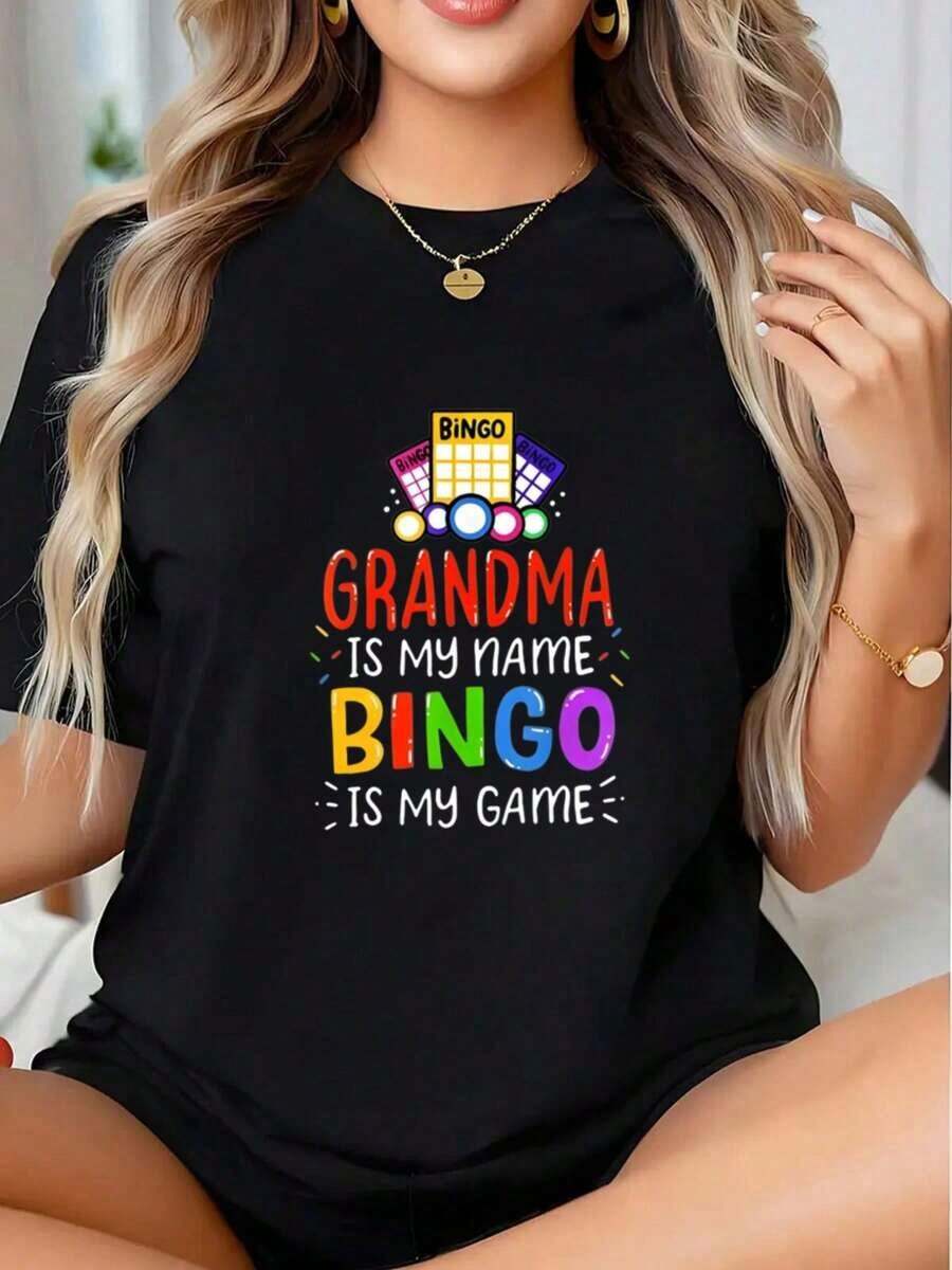 La abuela es mi nombre, el bingo es mi juego, camiseta gráfica divertida para mujer, ropa casual, regalo de cumpleaños para la abuela, atuendo para fiesta de personas mayores - Estilo vintage urbano, unisex, camiseta de manga corta de algodón suelto con cuello redondo, 100% algodón. - Negro - Ver 1