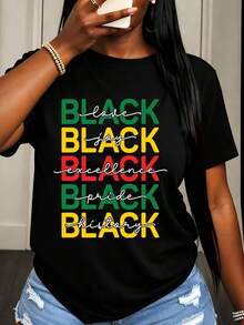 Camiseta de  con Estampado Gráfico de Amor, Alegría, Excelencia, Orgullo e Historia, Ropa Casual para Atuendos Diarios y Celebraciones - Negro - Ver 1