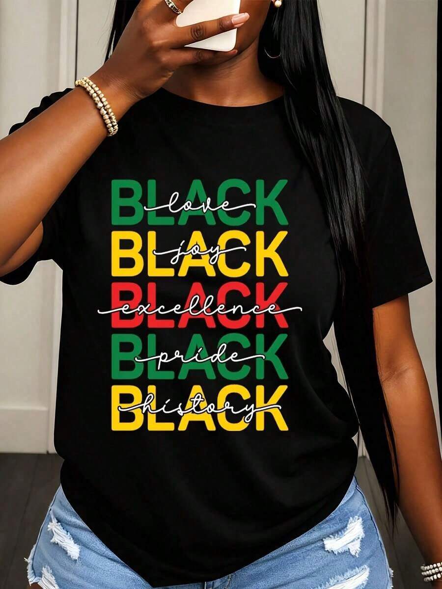 Camiseta de con Estampado Gráfico de Amor, Alegría, Excelencia, Orgullo e Historia, Ropa Casual para Atuendos Diarios y Celebraciones - Negro - Ver 1