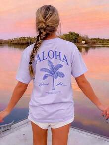 Women's Short-Sleeved T-Shirt With A Round Neck And Palm Print, A Casual And Modern Style, Ideal For Summer, Your Everyday Essential. Printed T-Shirt, White Top For Women, Top, Pink Top, Holiday Set, 100% Cotton - 紫色 2 - 查看 6