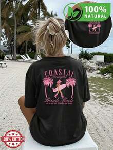 T-shirt de Algodón 100% con Diseño Exclusivo  del Paraíso Rosado Palm Beach Estilo Playero Casual para Mujeres  Verano Mexicano Ajuste Cómodo Ideal para Vistas al Mar Estampado de Palmera y Frase Motivadora Suave y Transpirable Perfecta para el Calor - Negro - Ver 8
