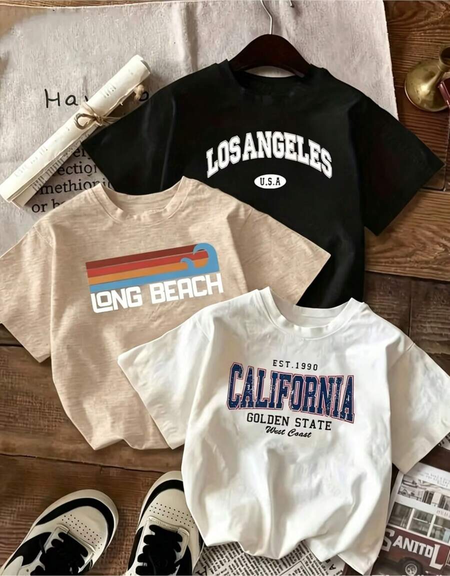 Nuevo conjunto de verano 3 para mujer, camiseta casual de manga corta de una pieza, con diseño de texto personalizado, tela transpirable, corte holgado para primavera y verano, disponible en negro, blanco y gris, lavable a máquina, camiseta linda, versátil para uso diario, corte casual. - Blanco - Ver 1