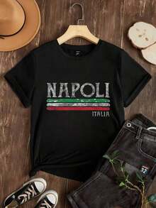 Camiseta de Mujer Casual de Manga Corta, Opciones en Blanco y Negro, Estampado Italia, Camisetas de Uso Diario de Verano, Tops de Verano, Camisetas Gráficas, Conjuntos de Verano para Mujer, Camisetas Cortas para Mujer, Tops Vintage de Algodón, Ropa Linda para Mujer, Playera Holgada para Mujer - Negro - Ver 2