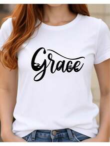ComfortableCamiseta para mujer Grace Script, top de moda casual para uso diario y ocasiones especiales, camiseta 2D de mujer, diseño holgado casual, ligeramente extralargaFashion All-match W - Blanco - Ver 7
