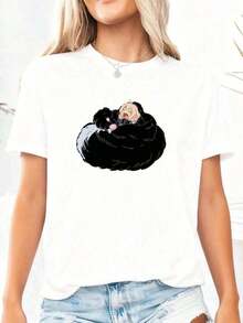Camiseta con estampado gráfico de dibujos animados, estilo anime japonés Harajuku, camiseta de moda casual de manga corta, talla grande para mujer - 100% algodón.Adecuada para un uso casual versátil en primavera, verano y otoño. |   Diseño exquisito |   Suelto y cómodo |   Fácil de combinar | - Blanco 4 - Ver 3