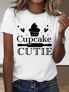 Women's Cotton T-Shirts For Leisure At Home And Outdoors, Short Sleeve T-Shirt In Black And White, Cupcake Cutie Design T-Shirt For Women, Graphic T-Shirt With Sweet And Cute Dessert Design, Casual Fashion Clothing, Gift For Parties And Holidays. - 白色 - 查看 4