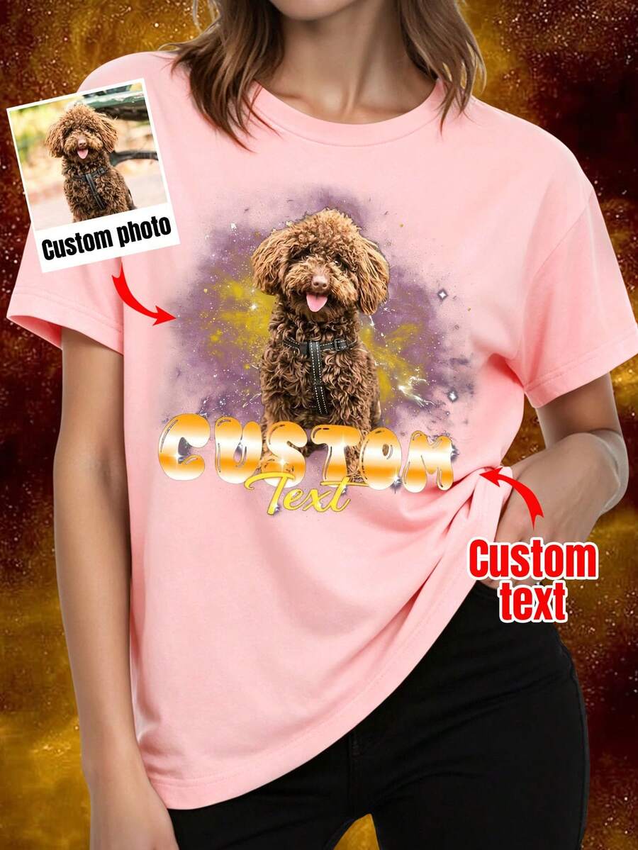 Camiseta con estampado personalizado de mascota, estilo rap retro de los 90, diseño personalizado, diseño de texto/imagen personalizado para fans, rosa de verano - Rosa - Ver 1