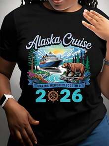 1 camiseta de crucero de Alaska con estampado de barco de crucero, oso y montañas, "Creando Recuerdos Juntos 2026", para recuerdos de viajes y vacaciones, 180g 100% algodón. - Negro - Ver 1