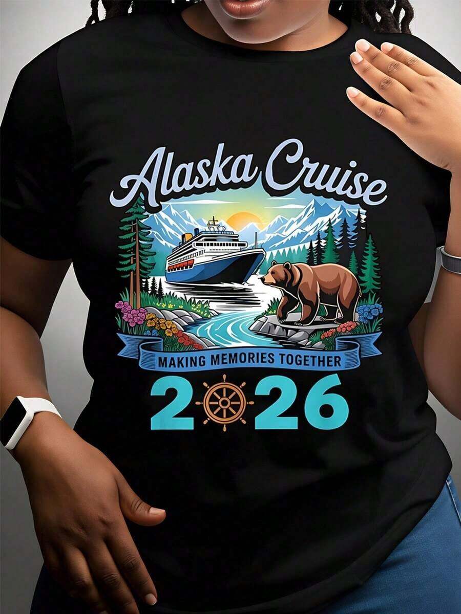 1 camiseta de crucero de Alaska con estampado de barco de crucero, oso y montañas, "Creando Recuerdos Juntos 2026", para recuerdos de viajes y vacaciones, 180g 100% algodón. - Negro - Ver 1