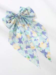 1pc Girls' Minimalist Sweet Floral Print Ribbon Bow Hair Clip, Orange/Purple/Blue, Versatile Spring/Summer Accessory - Multicolor - View 4