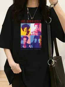 Estilo de primavera/verano para mujer, con un llamativo estampado rojo de "LOS RODRIGUEZ" en la parte superior. El Centro exhibe un diseño de cuatro personas al estilo Pop Art, dividido en cuatro bloques de color-amarillo, azul, rosa y otros tonos-creando un impacto visual dinámico. - Negro - Ver 1