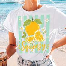 1 pieza de camiseta de mujer para primavera/verano: sencilla y fácil de usar, con estampado de limones, cuello redondo y manga corta, 180g, 100% algodón. - Blanco - Ver 8