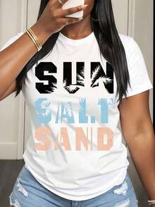 Camiseta de Mujer con Estampado de Palmeras, Sol y Arena, Estilo Veraniego, Ropa Casual para Vacaciones en la Playa - Blanco - Ver 6