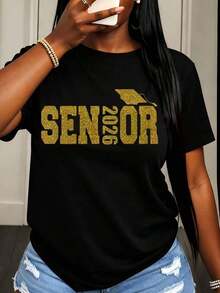 Camiseta de Mujer, Diseño de Gorro de Graduación con Purpurina Dorada, Verano 2026, Ropa Casual para Mujer - Negro - Ver 1