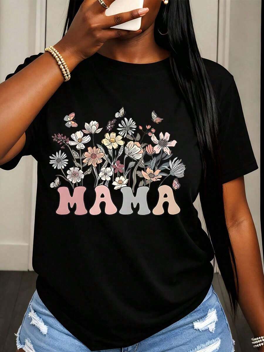 Camiseta Casual para Mujer con Estampado Floral y de Mariposas para el Día de la Madre y Uso Diario - Negro - Ver 1
