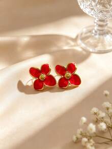 18K Gold-Plated Stainless Steel Four Light Flower Earrings, Elegant Flower Shaped Earrings, Personalized Earrings, Retro Bohemian Style Earrings. Four Leaf Flower Shaped Heart-Shaped Earrings. 304 Hypoallergenic Material, Cute Accessory, Suitable For Women's Daily Wear. Perfect Fashion Jewelry - Multicolor - View 2