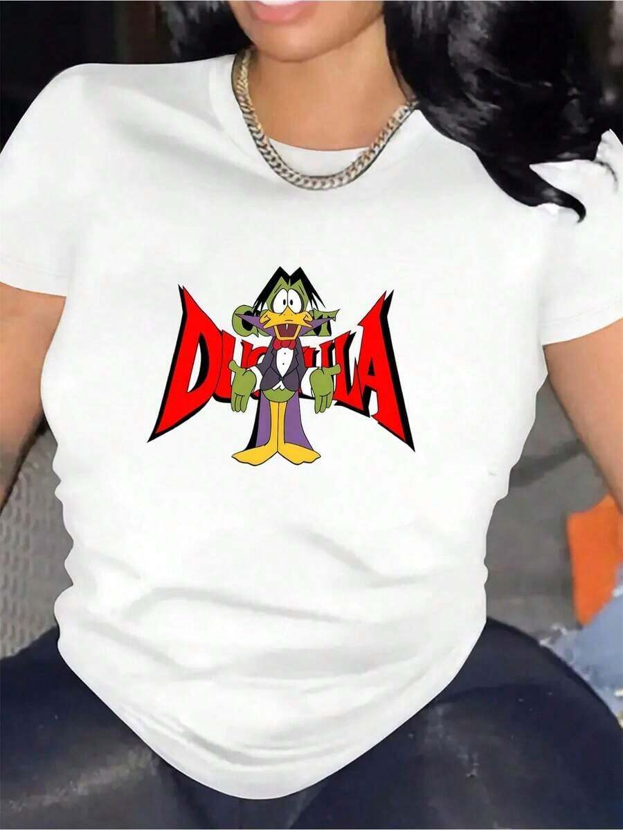 Women's Short-Sleeved T-Shirt With Round Neck And Cartoon Print, Made Of Polyester Fabric, Sporty Style, For All Seasons, Casual Athletic T-Shirt, Printed Design, Elastic Fabric, Women's T-Shirts. - 白色 - 查看 1