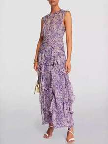 Long Party Dress, Chiffon Print, V-Neck, Off-The-Shoulder, Elegant European Style, Spring/Summer - Purple - View 2