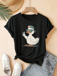 ¡Oferta por tiempo limitado, unidades limitadas,  relámpago! Camisas casuales para mujer, camisetas de poliéster para mujer, camisas elegantes.Nuevo estilo de verano 2026, camiseta con divertido estampado de pato a la moda, ropa bonita, elegante y casual de estilo coreano para primavera y verano - Negro - Ver 7