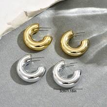 2 đôi khuyên tai thời trang cá nhân hóa hình chữ C, chất liệu thép không gỉ trơn, dạng vòng dày, dành cho nữ. - Bạc - Xem 3