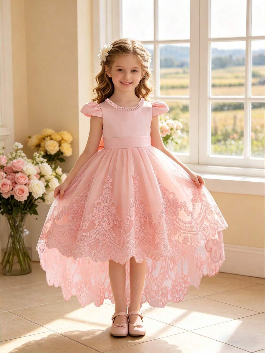 Young Girl Lace Trim Bow Sweet Style Party Princess Dress Suitable For Wedding, Headband Not Included