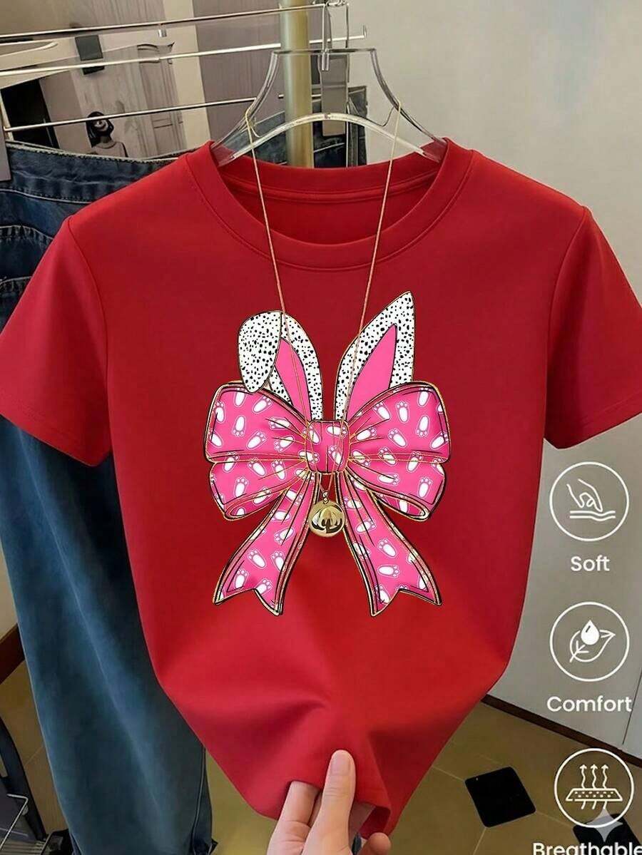 Playera Blanca de Mujer con Orejas y Patitas de Conejo en Estampado de Leopardo, Camiseta Animal Print de Moda, Blusa Casual de Verano con Diseño de Conejito Lindo, Top Estético y Divertido para Diario o RegaloPure-Cotton - Rojo 4 - Ver 1