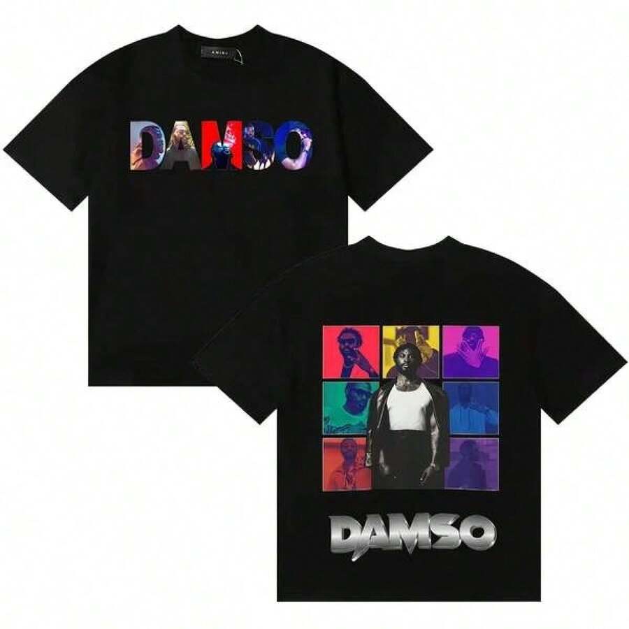 2026 Nueva Camiseta de Manga Corta con Cuello Redondo y Estampado Gráfico Damso Harajuku de Singer French para Hombre - Negro - Ver 1