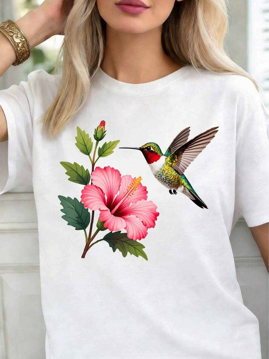 Women's Clothing: Casual Crew Neck T-Shirt With Hummingbird And Hibiscus Flower Print, Urban Style, Suitable As A Gift For Him/Her, Shipped From A Local Warehouse In The USA, A Great Choice For The Holidays. Women's Shirts. - 白色 - 查看 1