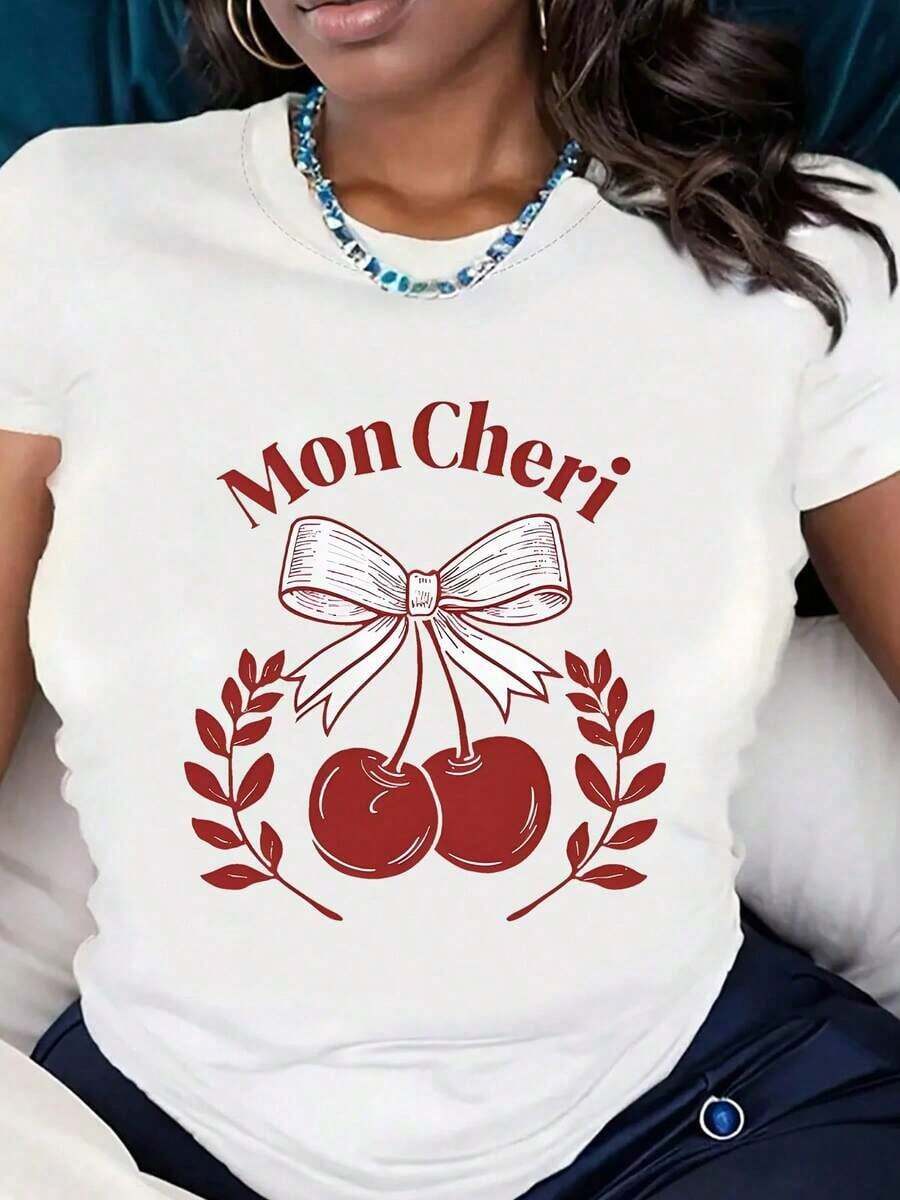 Camiseta Vintage de Algodón Mon Cheri con Estampado de Cerezas, Lazos y Hojas, Talla Grande, Cuello Redondo, Manga Corta para Mujer, Diseño Casual, Ropa de Casa y Deportiva, Cómoda, Transpirable, 100% Algodón, 220g, para Uso Diario - Blanco - Ver 1
