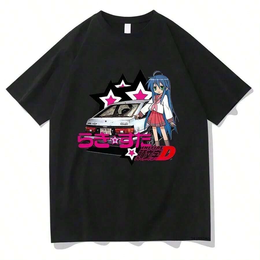 Camiseta de Anime Lucky Star Konata, Camiseta de Dibujos Animados para Mujer, Estética Retro, Camiseta Unisex con Estampado de Manga, Talla Extra Grande - Negro - Ver 1